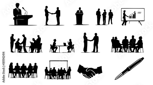 Professional Business Communication Silhouettes: Meetings, Presentations, Agreements, and Collaboration Icons Set