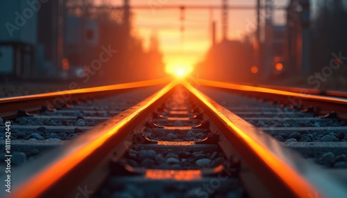 Railway tracks stretch towards bright horizon with warm sunset glow. Sunlight reflects on steel lines, creating dramatic perspective. Industrial path leads into distance, showing journey, travel,