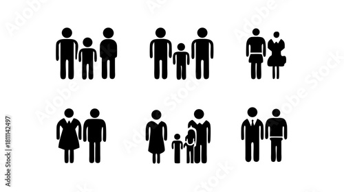 Diverse family unit icons. People pictograms illustrating various relationships, family structures, couples, parents, and children.
