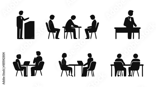 Business Meeting and Communication Icon Set. People Interacting, Presenting, Discussing, Interviewing, and Collaborating Pictograms.