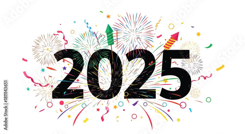 Happy new year 2025 celebration with colorful fireworks and confetti exploding around the large black numbers
