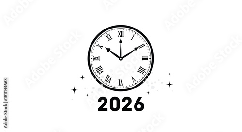 Vintage roman numeral clock face approaching midnight with the year 2026 prominently displayed and sparkling festive elements