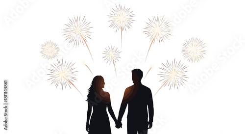 Couple holding hands silhouetted against a white background with a display of fireworks celebrating a special occasion