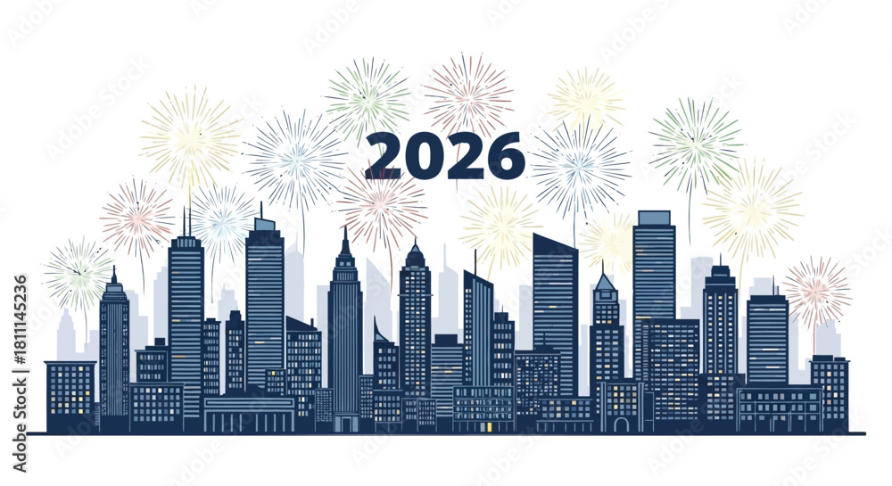 Fototapeta premium Happy new year 2026 celebration with colorful fireworks exploding over a modern city skyline at night