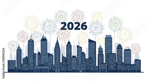 Happy new year 2026 celebration with colorful fireworks exploding over a modern city skyline at night