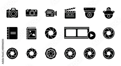 Collection of vector icons representing photography and videography equipment and concepts