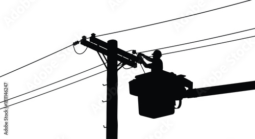 Electrician lineman silhouette repairing power lines on utility pole, maintenance worker in bucket truck vector illustration