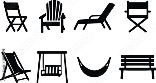 Outdoor Seating Icon Set, Outdoor Furniture Icons, Seating Silhouette Set – Black Silhouettes of Folding Chair, Adirondack, Chaise Lounge, Hammock, Swing, Bench, and More for Furniture and Lifestyle 
