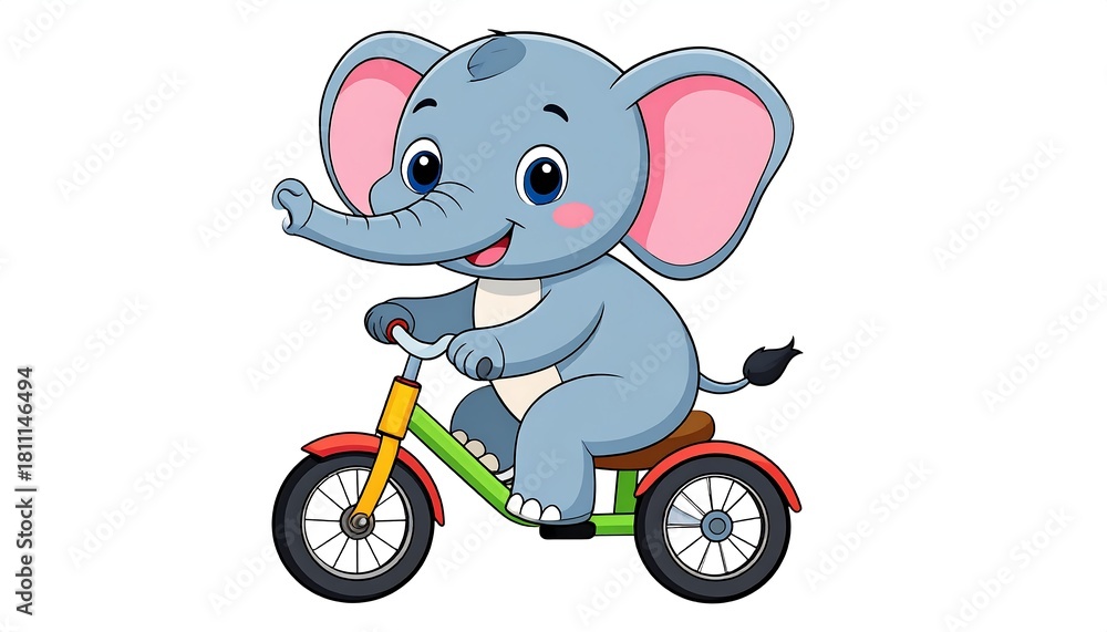 Obraz premium A happy cartoon elephant riding a small tricycle, with large ears and a curled trunk on a white background