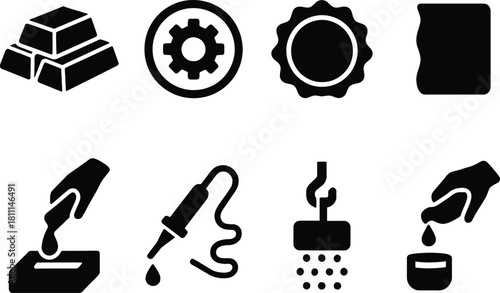 Industrial Process Icon Set, Industrial icons, Manufacturing symbols, Metal Ingot vector – Black and White Symbols of Ingots, Gear, Certification, Casting, Welding, Handling, and Testing for Manufactu