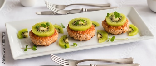 Mini chicken patties with kiwi pieces