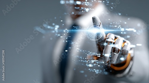Futuristic robot hand touching glowing interface is empowering, innovative, and perfect for illustrating cutting-edge technology and digital solutions