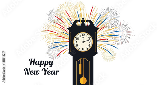 Grandfather clock striking midnight with colorful fireworks celebrating the happy new year holiday occasion