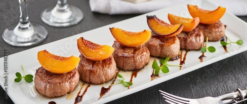 pork bites with caramelized peach topping