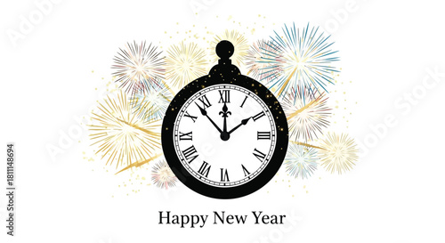 Classic pocket watch silhouette displays roman numerals against a backdrop of colorful fireworks and golden glitter celebrating happy new year