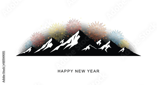 Black silhouette of jagged mountain peaks illuminated by a vibrant display of colorful fireworks celebrating the new year