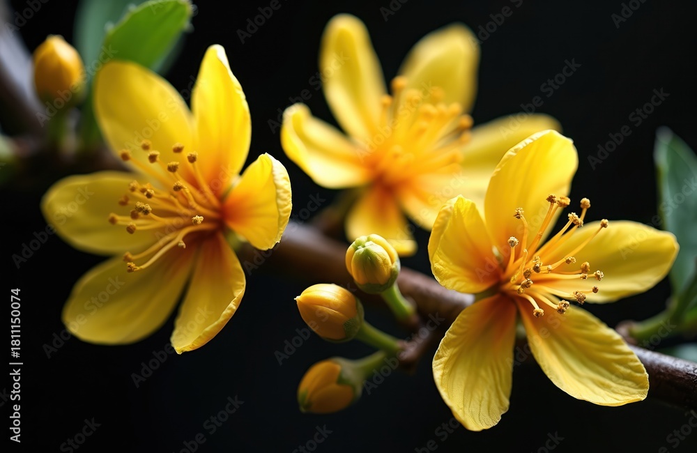 Obraz premium Bright yellow flowers bloom on a dark background. Several buds sit on a tree branch. Green leaves are visible. Springtime floral details are prominent.