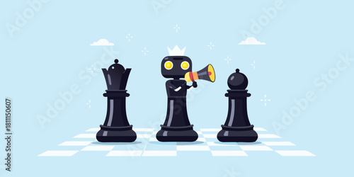 Robot chess piece with megaphone leading queen and bishop pieces