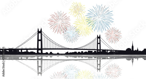 Vibrant fireworks illuminate the silhouette of a suspension bridge and city skyline with reflections on the water below