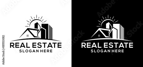 Modern real estate logo vector design. Illustration of a house building design with an abstract sun.