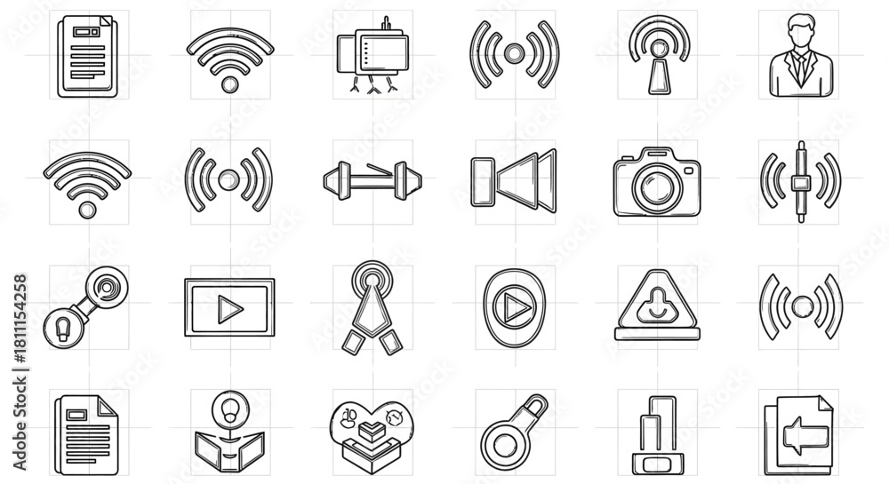 Fototapeta premium Streamlined collection of digital technology and communication line icons. This versatile set features symbols for connectivity, media, data, and web services, ideal for modern interface design