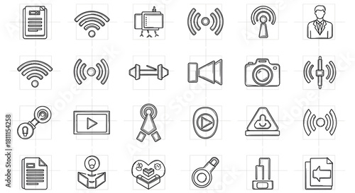 Streamlined collection of digital technology and communication line icons. This versatile set features symbols for connectivity, media, data, and web services, ideal for modern interface design