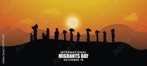 Silhouette People Walking With Sunset Theme For International Migrants Day Poster
