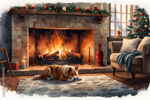 Pets lounging next to a crackling fire
