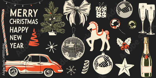 Retro christmas and new year illustration with festive elements on dark background