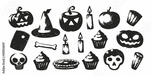 Hand drawn halloween icons set pumpkins skull witch hat and spooky treats