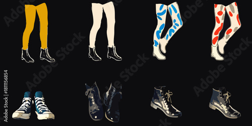 Collection of fashionable footwear and legwear on a black background