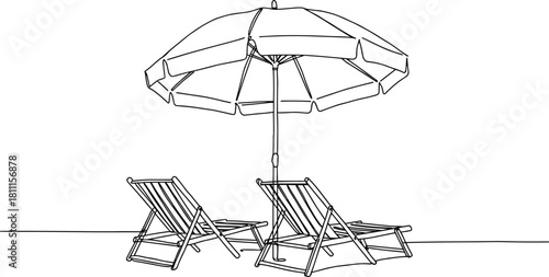 Continuous Line Art Drawing of Two Beach Chairs and Parasol Umbrella, Symbolizing Summer Vacation, Relaxation, Leisure, and Tropical Resort Outline Vector