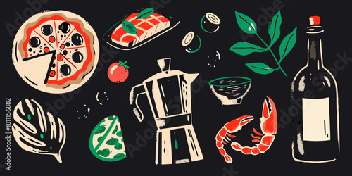 Hand drawn italian food and drink illustration on black background