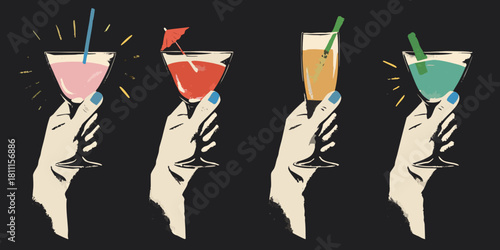 Hands holding colorful cocktails illustration on black background for festive celebrations
