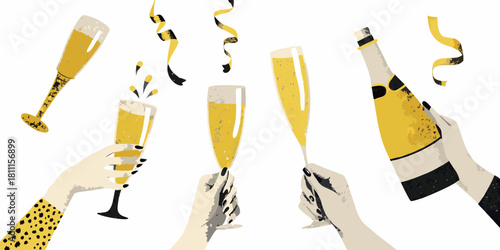 Champagne toast celebration with hands glasses bottle and confetti on white
