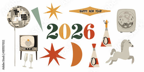 Retro new year 2026 celebration with disco ball and vintage elements