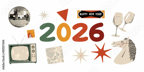 Retro new year 2026 celebration with disco ball and horse