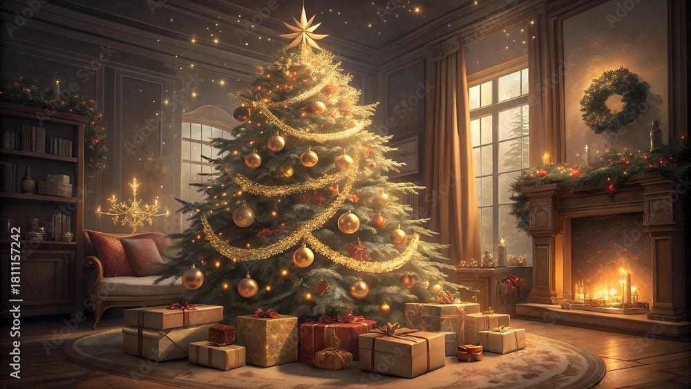 Fototapeta premium Luxurious Gold and Red Christmas Tree in an Elegant Classic Living Room