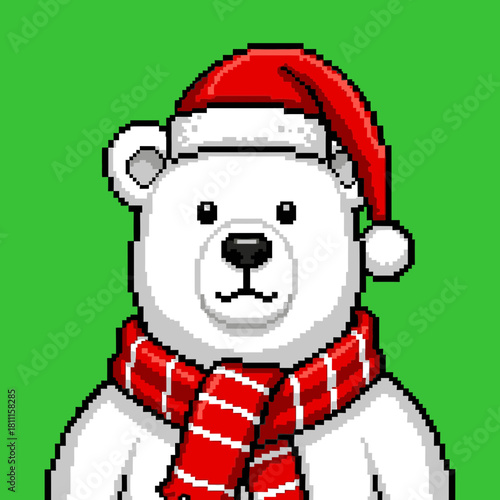 A charming pixel art portrait of a white polar bear dressed in a festive red Santa hat and a matching striped scarf, against a bright green background.