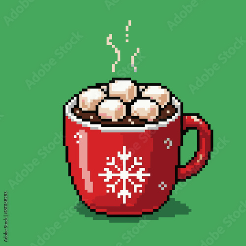 A pixel art illustration of a steaming red mug of hot chocolate topped with white marshmallows and a snowflake design on a green background.