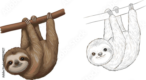 Sloth Hanging from Branch: Realistic Color Illustration Alongside Line Art Sketch, Slow Tropical Animal, Wildlife Coloring Page, and Educational Vector Graphic