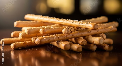 Pile of Sesame Breadsticks on Wooden Surface Closeup Food Photography