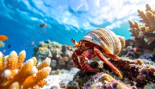 Fototapeta Naklejka Na Ścianę i Meble -  A hermit crab nestled on coral reefs, with visible fish and light refracted through the water's surface