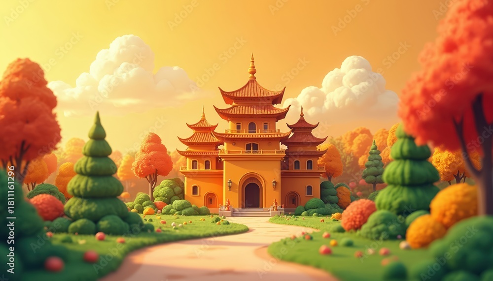 Obraz premium Stylized asian temple with orange roof sits in whimsical landscape. Rich green grass, colorful trees under warm orange sky. Peaceful fantasy garden setting. Serene zen oasis.
