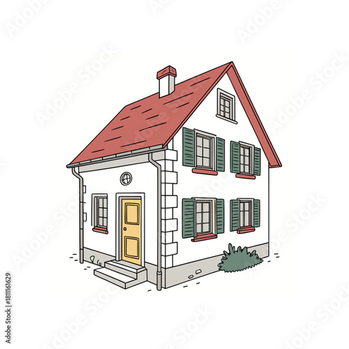 Charming cartoon house with red roof and green shutters