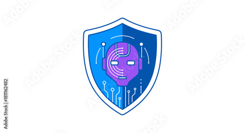 Cybersecurity shield with robotic face ensures data protection and privacy in modern digital world with advanced ai solutions for business security