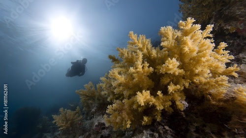 Fototapeta Naklejka Na Ścianę i Meble -  A diver exploring a vibrant yellow soft coral reef with sunbeams piercing the clear blue ocean water highlighting the beauty and biodiversity of the