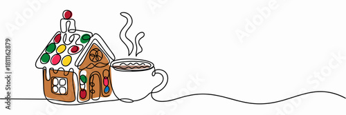 Gingerbread house and hot drink in line art with colorful accents