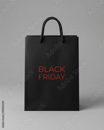 Black Shopping Bag with Red Black Friday Text on Grey Background – Minimal Modern Sale Promotion