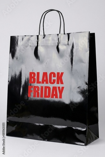 Black Shopping Bag with Red Black Friday Text on Grey Background – Minimal Modern Sale Promotion
